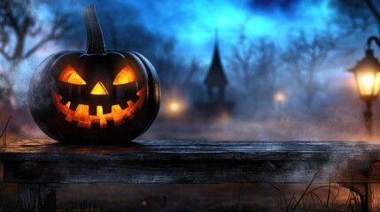Glowing jack o lantern surrounded by a haunting atmospheric night scene with fog trees and a dim lamp in the distance