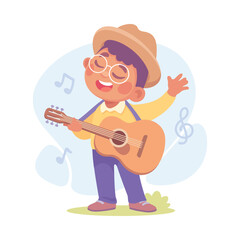 A Cheerful and Joyful Boy Enthusiastically Playing Guitar in a Brightly Colorful Illustration