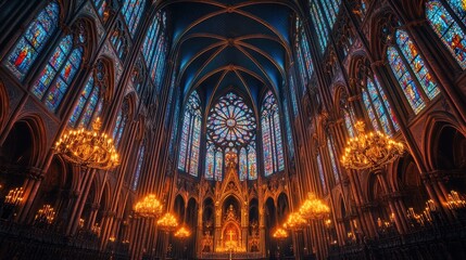 Fototapeta premium Majestic display of stained glass and chandeliers in a historic cathedral during twilight hours