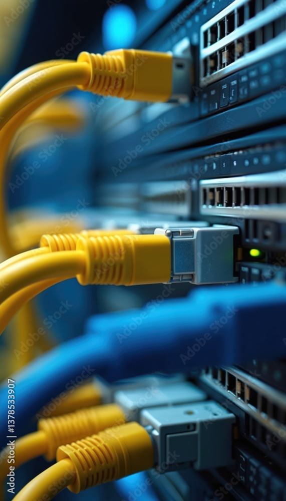 Poster close-up tech photo of network server, data center with ethernet cables connected. high speed data t