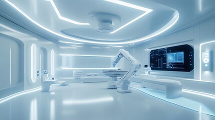Hyper-modern hospital surgery room, advanced robotic surgical arms