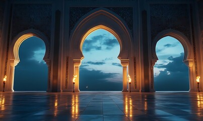 Fototapeta premium Glowing mosque interior with lit torches and detailed archway, creating a sacred ambience under a twilight sky, suitable for Islamic celebration or prayer space-themed visual .