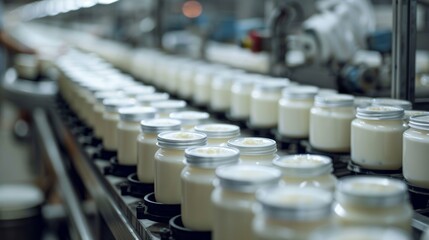 Obraz premium A modern dairy production line in an industrial factory with bottles of milk showcasing the efficiency of the process