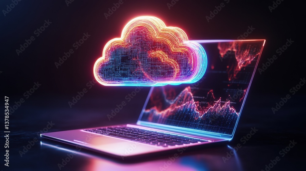 Poster glowing neon cloud computing symbol above laptop showing dynamic data visualizations for cloud-based
