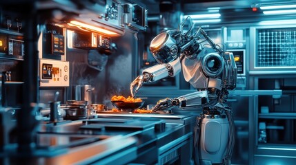 Robot chef preparing a gourmet meal in a futuristic kitchen at dusk