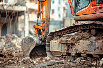 Fototapeta premium An excavator is tearing down a building at a construction site, involving heavy machinery, debris, and demolition work