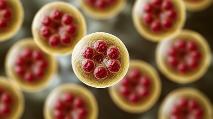 High-angle close-up view of numerous microscopic, spherical,  cells, with  reddish-pink protrusions arranged in a circular pattern.