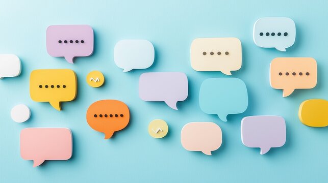 An assortment of vibrant abstract speech bubbles in various shapes and colors against a minimalist pastel toned background creating a visual representation of communication dialogue and expression