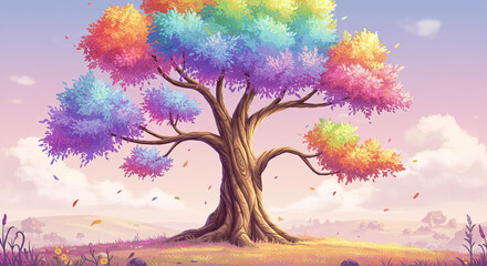 Obraz premium brainstorm sign rainbow tree color colorful watercolor painting illustration design sunset in the forest