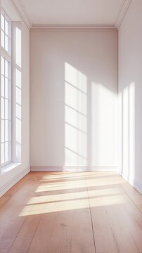 Bright, minimalist empty room with soft natural light streaming through large windows, casting geometric shadows on pristine white walls and warm wooden flooring