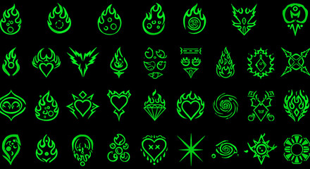 Glowing Green Symbols on Black Background
