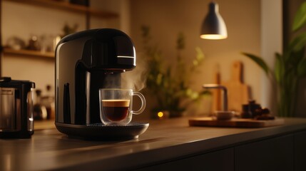 Freshly brewed coffee in a cozy kitchen with warm lighting during the evening hours