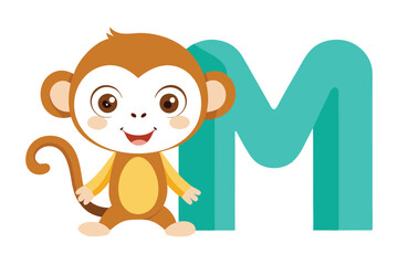 Obraz premium Cheerful Brown Cartoon Monkey with Teal Letter M Standing on White Background