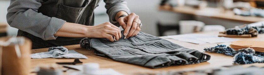 Fototapeta premium A person is sewing fabric on a wooden table, surrounded by sewing tools and materials, showcasing a creative and focused atmosphere.