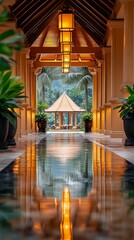 Luxurious tropical resort hallway with warm golden lighting reflecting on polished floor, leading to serene pavilion surrounded by lush palm trees and elegant architectural elements