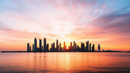 Fototapeta premium A breathtaking city skyline silhouetted against a vibrant sunset, featuring vivid hues of orange, pink, and purple blending seamlessly in the sky. Skyscrapers rise majestically, creating a