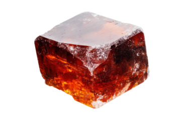 Natural red orange halite crystal cube on black background, cut out
