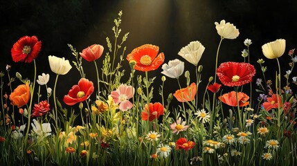 Sunlit wildflower field with delicate petals and gentle brushstrokes, swaying in the wind