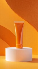 Vibrant orange cosmetic tube showcased on minimalist white pedestal against warm gradient background, highlighting sleek product design and modern aesthetic