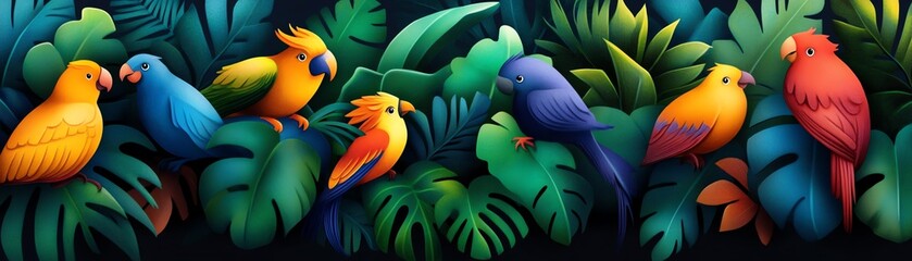 Colorful parrots nestled among lush green foliage.