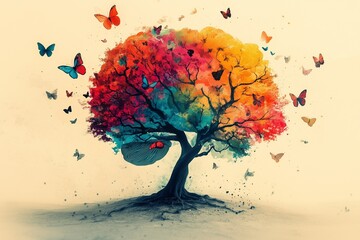 "Colorful brain tree with butterflies and leaves, symbolizing mental health, creativity, and well-being."