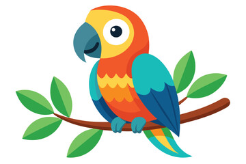 Cheerful Cartoon Parrot Perched on Branch with Leaves on White Background