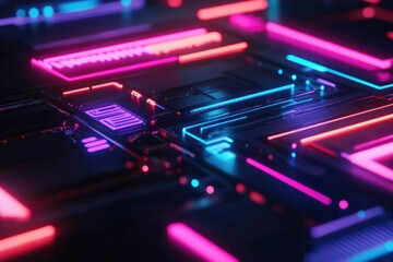 Neon-lit circuitry creates futuristic ambiance with vibrant colo