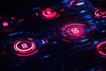 Futuristic interface with glowing buttons in vibrant red and blu