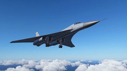 Fototapeta premium sleek delta wing fighter aircraft soaring through a clear blue sky. delta wing, fighter jet, blue sky, aviation, military aircraft, high-speed, aerodynamic design, flight, air force, jet engine, 