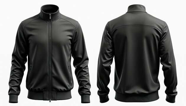 Black track jacket with zipper front, back view isolated on white. Sportswear mockup for design presentation clothing brand advertising. Modern sleek style. Mockup template of sweatshirt for design