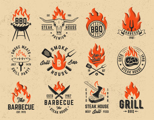 Barbecue logo set with retro steakhouse emblems, flames, grill tools, meat cuts and chef symbols, perfect for restaurant branding and vintage food identity. Vector illustration