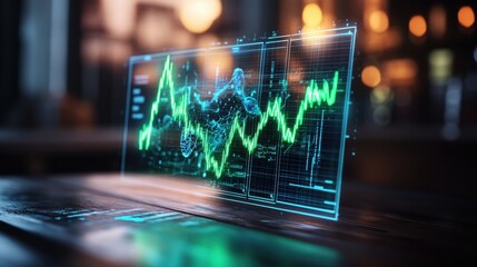Holographic Display Showing Dynamic Stock Market Graph with Fluctuating Lines and Data Visualizations on Dark Surface in Blurred Background Environment
