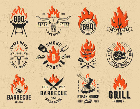 Barbecue logo set with retro steakhouse emblems, flames, grill tools, meat cuts and chef symbols, perfect for restaurant branding and vintage food identity. Vector illustration