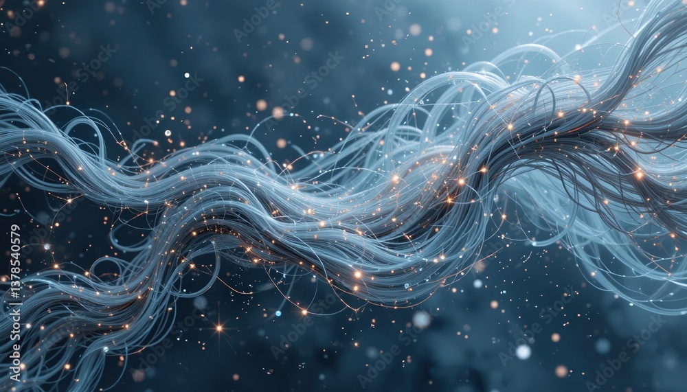 Poster dynamic flow of glowing fibers abstract space digital art ethereal environment close-up view enchant