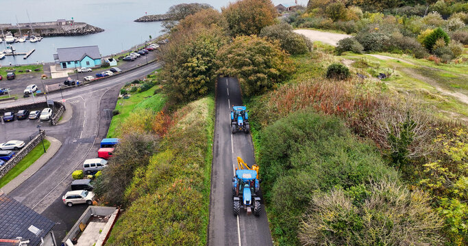 Aerial view of the Tractor Road Run at Glenarm Spooktacular Halloween Festival Glenarm Co Antrim Northern Ireland 26-10-24