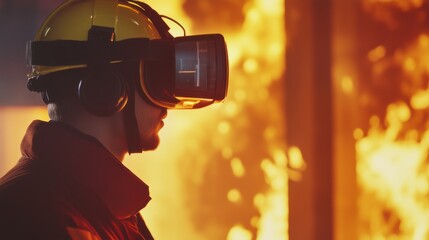 Firefighter using virtual reality technology for training in a simulated fire scenario