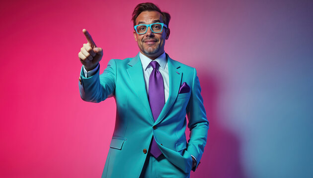 Charismatic game show host in blue suit purple tie pointing. Smiling male presenter on stage. Entertainment concept competition, television, personality, media.