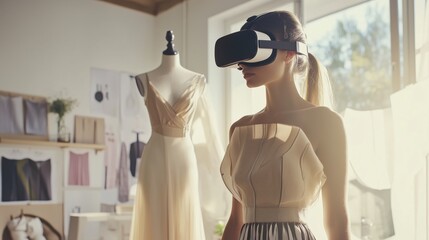 Fashion designer explores virtual reality in studio showcasing elegant dresses during creative session