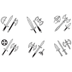Game sword icon set vector, vector cartoon medieval weapon kit, fantasy knight knife isolated collection. UI magic old defense armor badge, Viking military axe metal battle blade. Cartoon sword asset 
