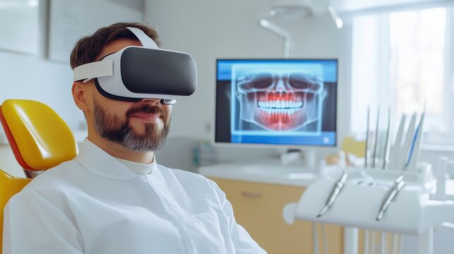 Virtual reality experience in dental clinic during patient's consultation with modern technology integration