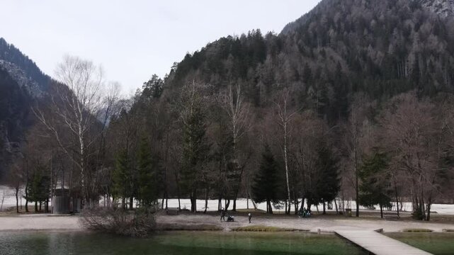 Beautiful aerial view Lake Jasna Slovenia near Alpes