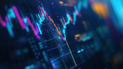 Fototapeta premium Close-up of a vibrant, digital stock market display showing fluctuating trading data with colorful charts and indicators.