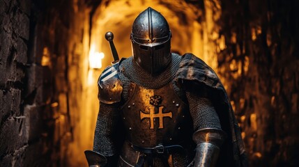 Fototapeta premium Knight in shining armor walks through torch-lit stone corridor in medieval castle at night
