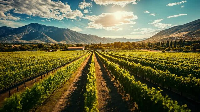 Vineyard Vista: A breathtaking panorama unfolds, showcasing rows of meticulously aligned grapevines stretching towards majestic mountains, bathed in the golden light of a sun-drenched sky.