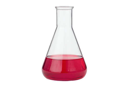 Transparent laboratory flask with red liquid for scientific experiments and analysis, cut out