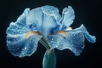 Ultra-Resolution Macro Shot of a Blue Iris Dew-Kissed Petals, Vivid Colors and Dark Dramatic Background