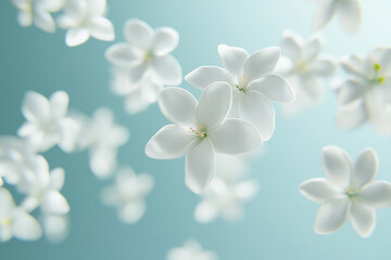 White flowers floating in soft blue blurry background floral concept