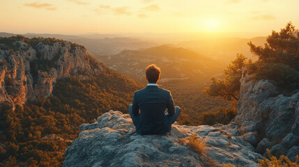 A male executive sits on a rocky cliff, looking out over a vast landscape, symbolizing a leader's vision, strategic thinking, and ability to see the bigger picture in business