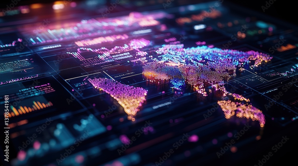 Poster stylized digital world map with glowing particles overlaying complex data visualizations and graphs 