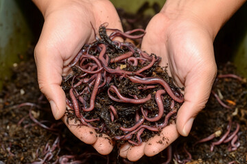 Hands holding fresh worms for composting and gardening Generative AI